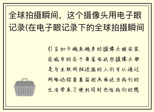 全球拍摄瞬间，这个摄像头用电子眼记录(在电子眼记录下的全球拍摄瞬间：续写)